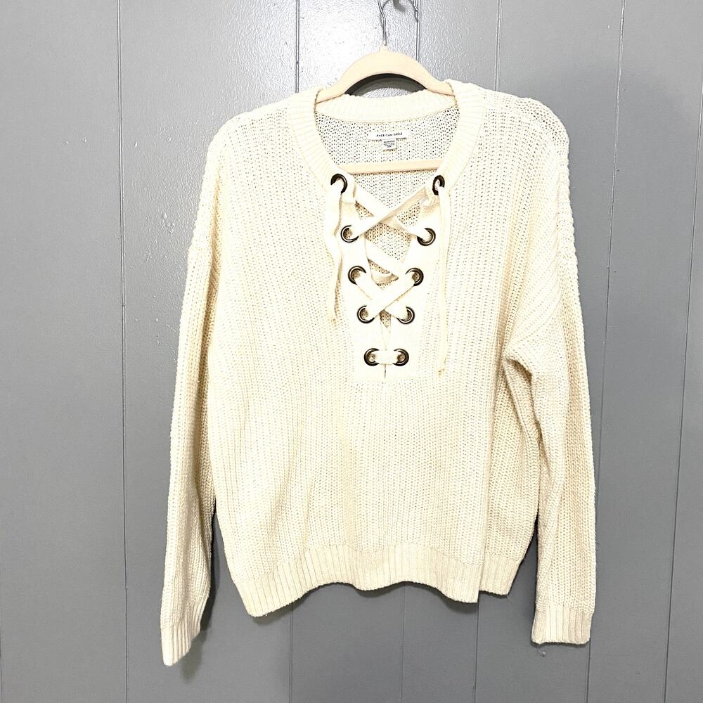 NEW American Eagle Cream Lace-up V-neck Chunky Oversized Boho Sweater XS